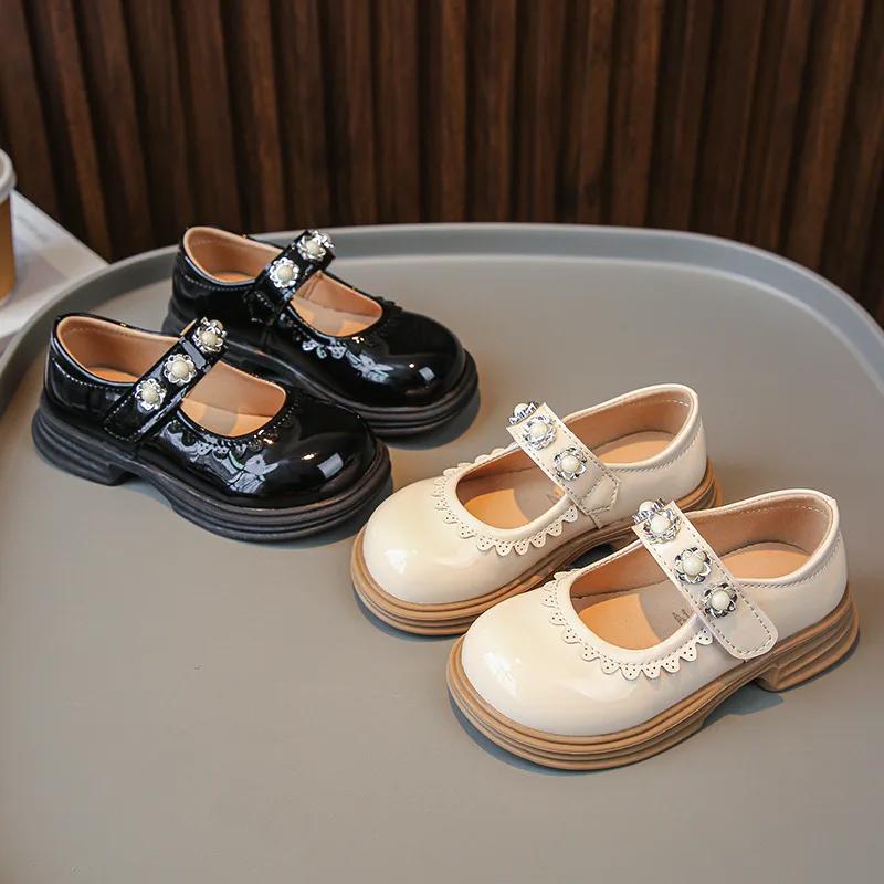 Girls Round Toe Kids Leather Shoes 2024 Spring and Autumn New Lace Pearls Shiny Loafers Children Pearls Lace Fashion Casual Shoe