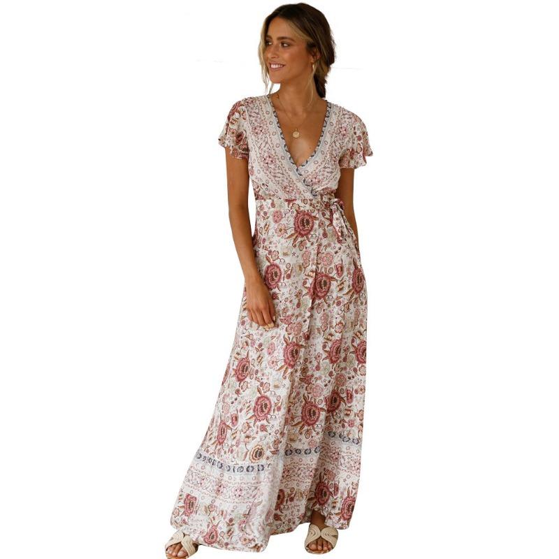 Summer Short Sleeve Casual Printed Long Dress Sexy Floral Fashion Elegant Loose Holiday A-line High Slit Party Dress Slim Fit Women's Clothing