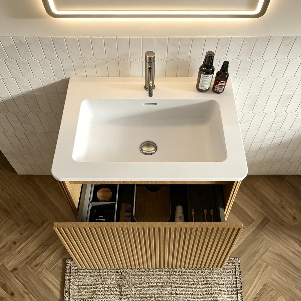 Bathroom Furniture Set Washstand with Base Cabinet, 60cm Wide Hanging Base Cabinet with Washbasin, Modern Set with Side Cabinet, Oak Wood Color