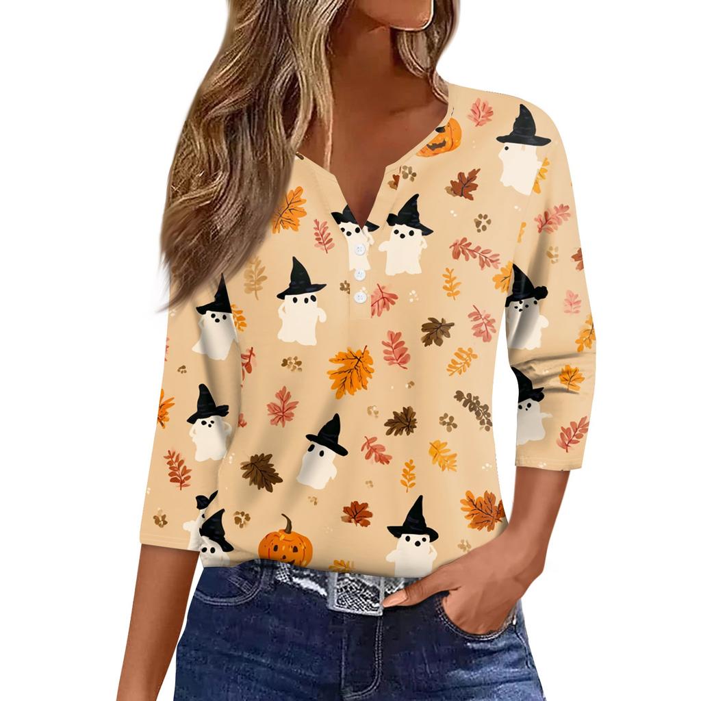 Women's T Shirt Tee Print Button 3/4 Sleeve Daily Weekend Fashion Basic V- Neck Regular Top