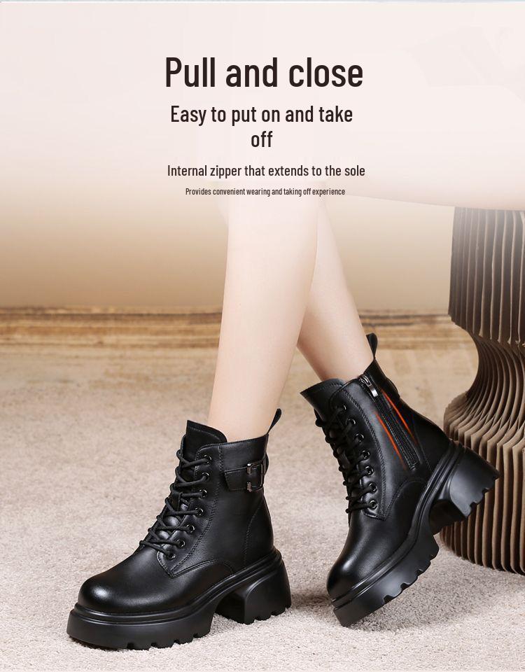 Women's Winter Leather Snow Boots, Thick Sole, Fleece-Lined, Warm Cotton Martin Ankle Boots