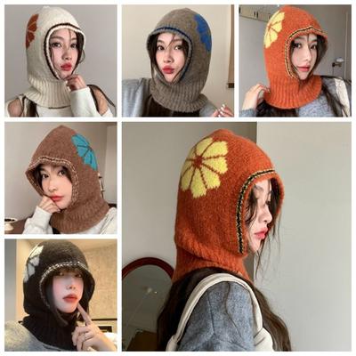 Neck Guard Ear Protection Hat Windproof Knitted Pullover Hat Cute Flower Balaclava Hat  Streetwear