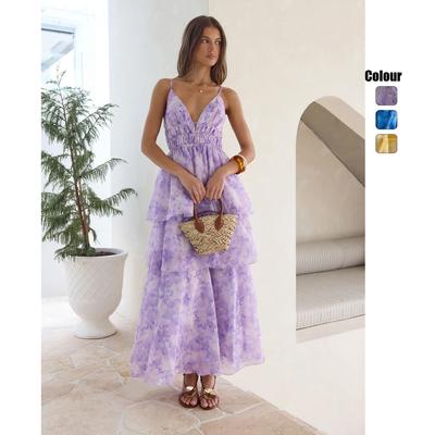 European, American Spring and Summer Deep V-neck Cake Fashionable Sweet Fresh Holiday Style Long Dress 70