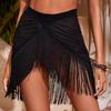 Women Beach Skirt Irregular See-through Tassel Hem Stretchy Solid Color High Waist Soft See-through Lady Dance Club Party Mini Skirt