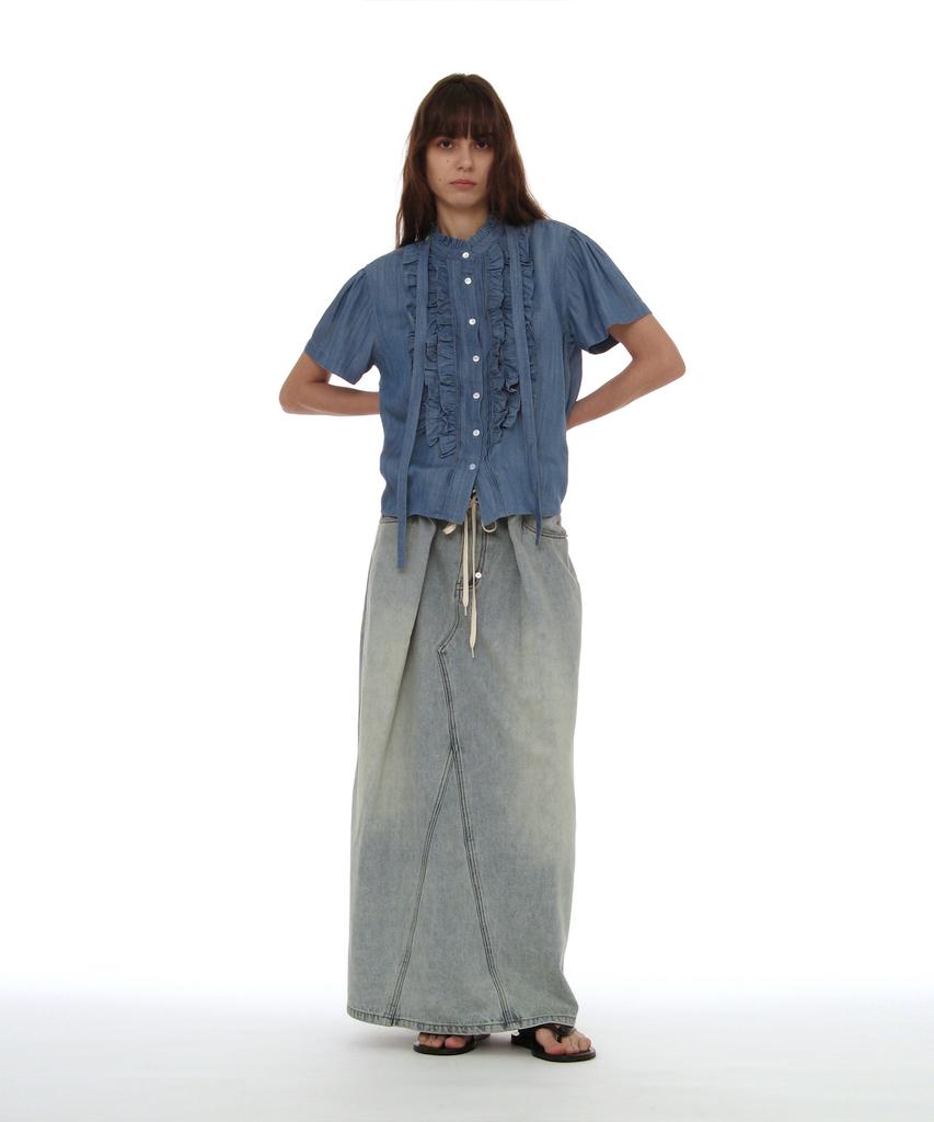 PARTIMENTO WOMEN Scarf Ruffle Pintuck Blouse_Denim