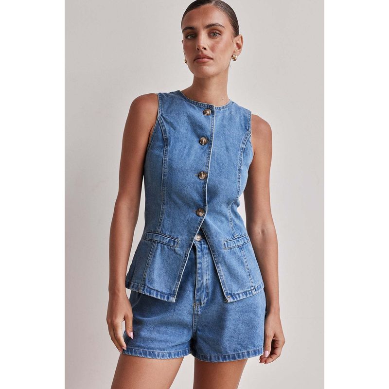 

Spring and Summer Short Denim Vest Women Korean Style Sleeveless Ripped Versitile Fashion Vest Top Outerwear Pants S