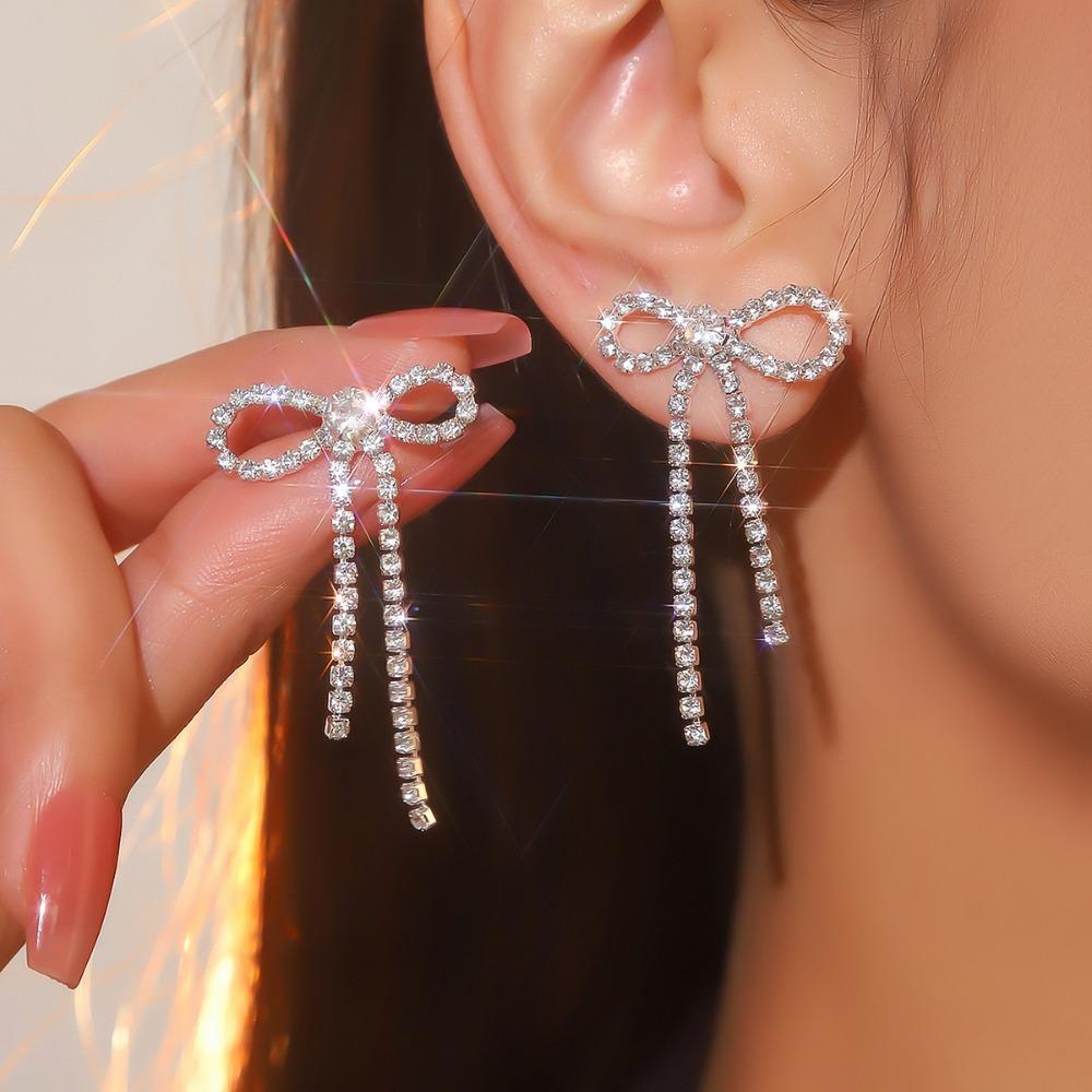 Sparkly Rhinestone Bow Earrings Personalized Bowknot Ear Stud Creative Gift Long Dangle Earrings