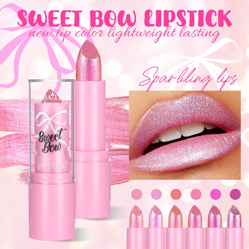 Bow Glitter Lipstick Bright Rose Pink Diamond Lipstick Mirror Pearlescent Shine Waterproof Long-Lasting Glossy Lip Tint Makeup
