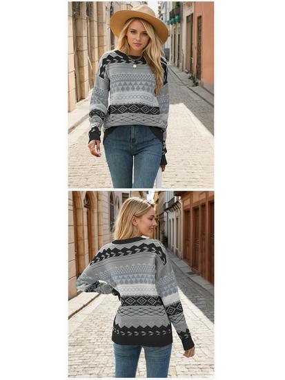 2025 Autumn/Winter Vintage Multi-Color Diamond Jacquard Patchwork Women's Pullover Sweater