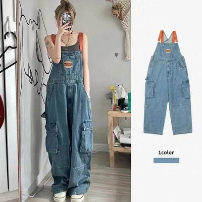 Vår og Høst Dame Broderte Krydret Blekk Denim Stropp Jumpsuits Store Løse og Smale Retro Ettdelt Bukser