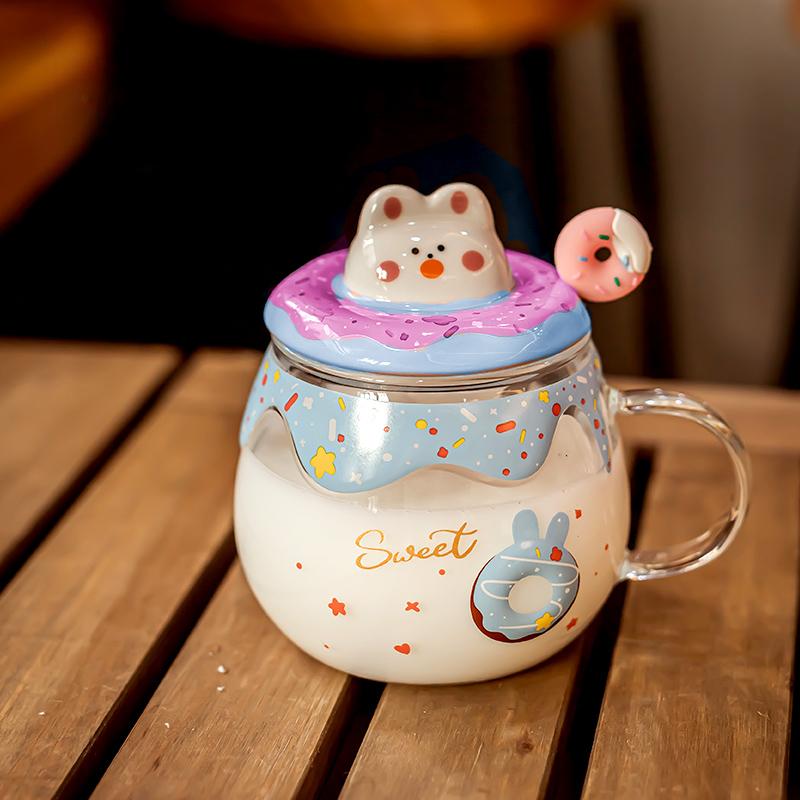 Cute Doughnut Mugs with Lid and Spoon High Appearance Level Girls' Coffee Cups Home and Office Creative Ceramic Drinking Cups