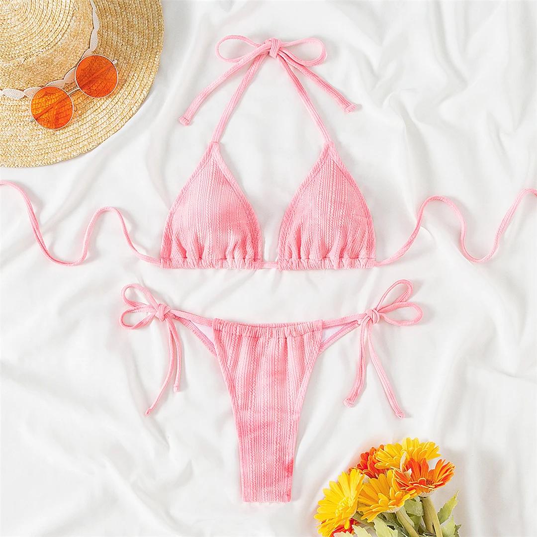 

Sexy Tie Dye Wrinkled Crinkled Halter Bikini Female Swimsuit Women Swimwear Two-pieces Bikini set Bather Bathing Suit Swim S розовый