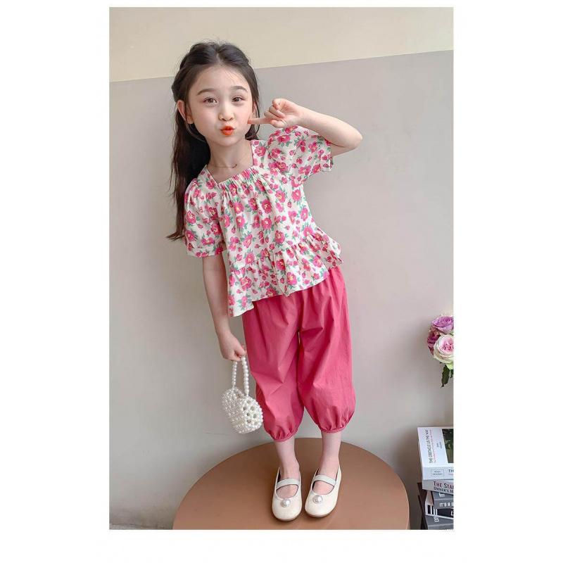 New Stylish Summer Outfit For Girls: Short-Sleeved Floral Dress With Square Collar For Little Girls And Toddlers Casual And Fashionable
