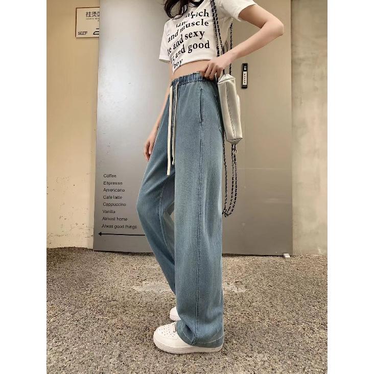 

New women s summer high-waisted loose wide-leg floor-length jeans with a curved cut and washed finish S