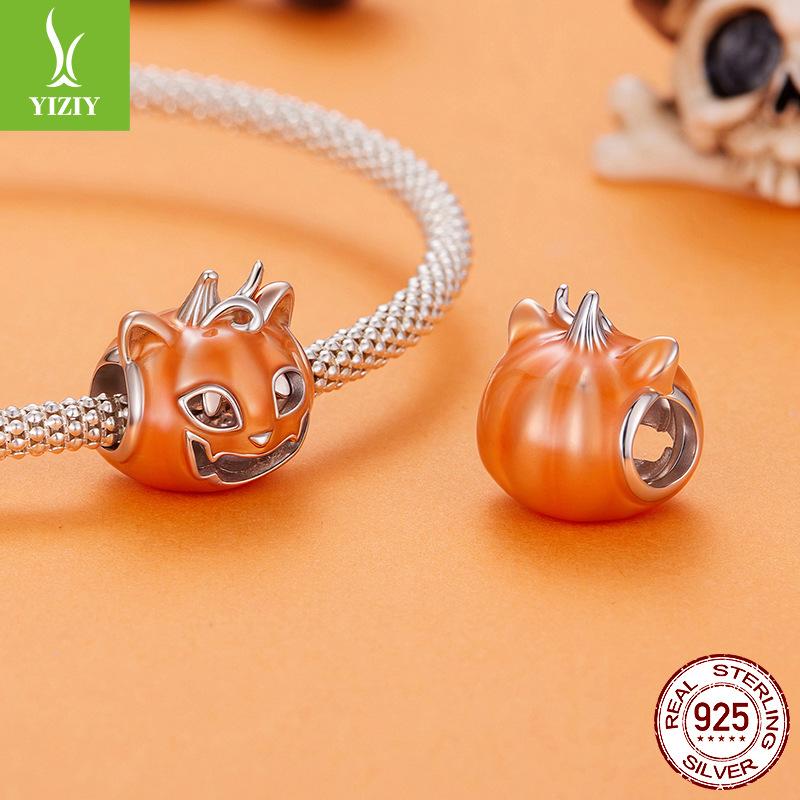 Halloween Luminous Light Dripping Oil Pumpkin Cat Beaded Personality Funny S925 Sterling Silver Beads Loose Beads