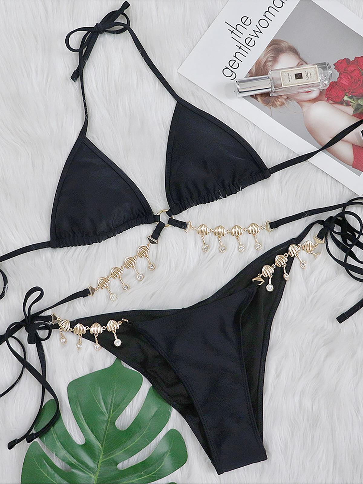 

Бразильское бикини со стразами, женские купальники, женский купальник, комплект бикини из двух частей, купальный костюм для плавания L чёрный