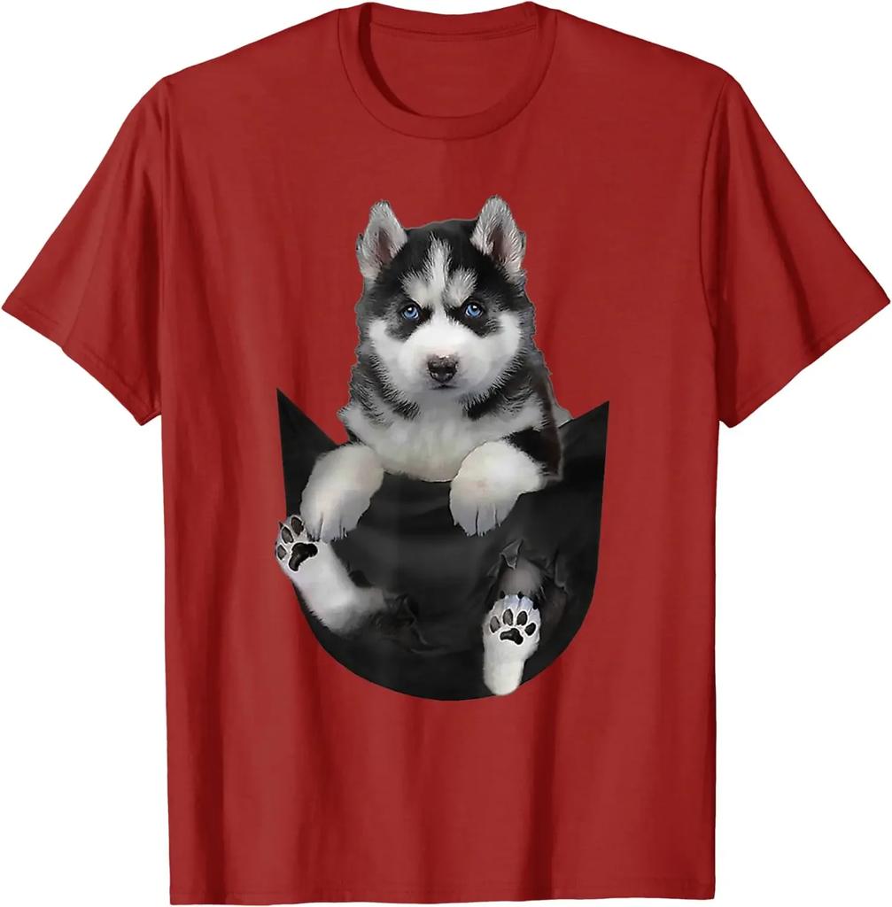 Puppy In Pocket Funny Design Husky Dog Lover Gift TShirt Short Sleeve Casual 100 Cotton ONeck Summer Mens Tshirt Size S3XL