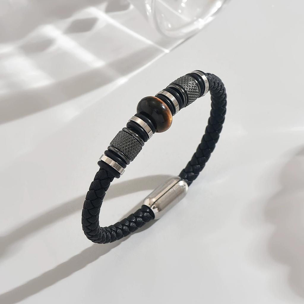 Custom Jewelry No Tarnish 5Pcs Black Cowhide Bracelet Set Silver Spacer Natural Stone Stackable Wrist Jewelry Men Street Style