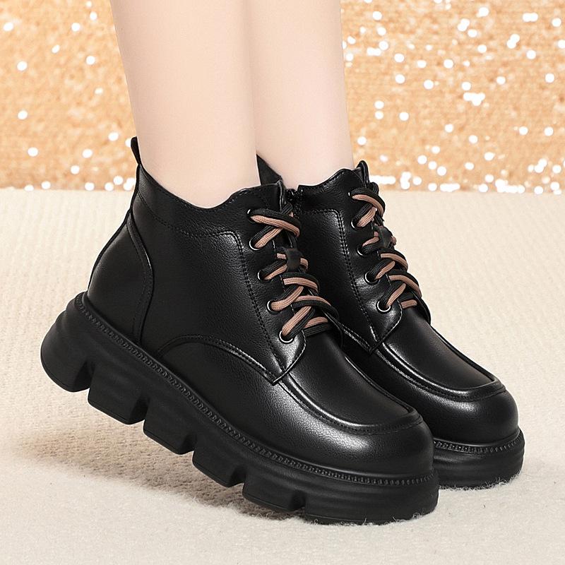5cm Vintage Comfortable Soft Leather Shoes Warm Winter Boots 2025 Women's Med Heels Flat Platform Short Plush Motorcycle Botas