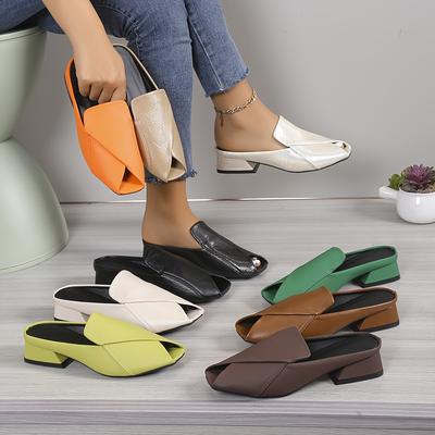 Women's Peep Toe Slide Sandals, Solid Color Square Toe Slip On Flat Shoes, Casual Outdoor Slide Shoes