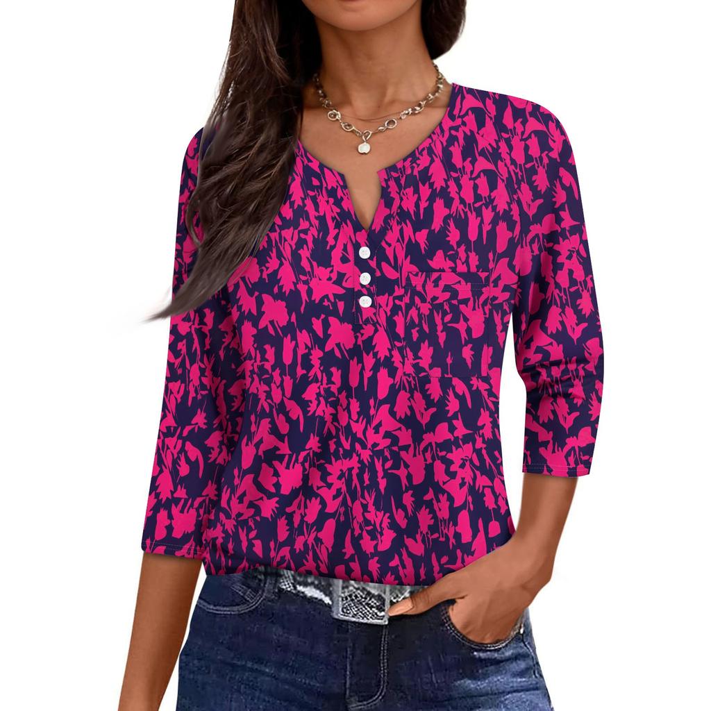 Damska Codzienna Modna Dekolt V Luźna Wszechstronna Kwiatowy Wzór Rękawy Trzyczwarte