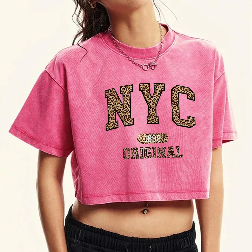 Leopard Print New York City Printed Washed T-Shirt Women Crop Summer Tee Shirts Soft T Shirt Crewneck Cotton Short Sleeve