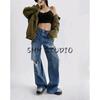 Spring and Summer New Women's Clothing Ins Casual All-Matching Fashion High Waist Loose Hole Wide Leg Mop Denim Pants