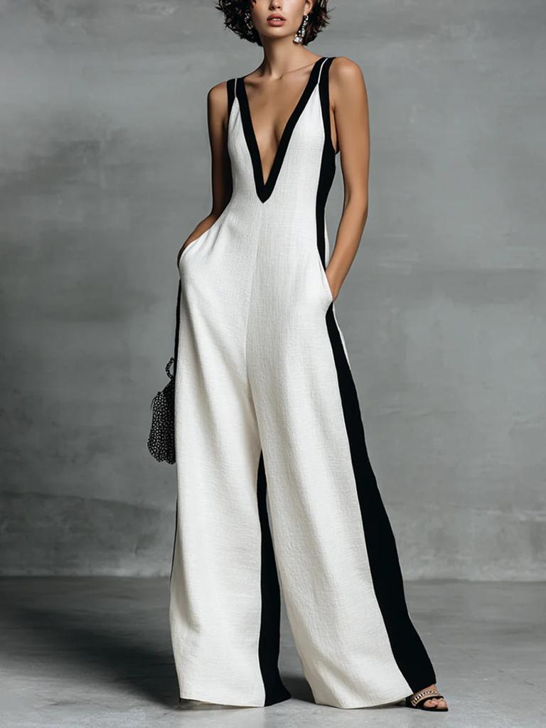 Women's Fashion Black and White Cotton Linen Color Block Spaghetti Strap Jumpsuit