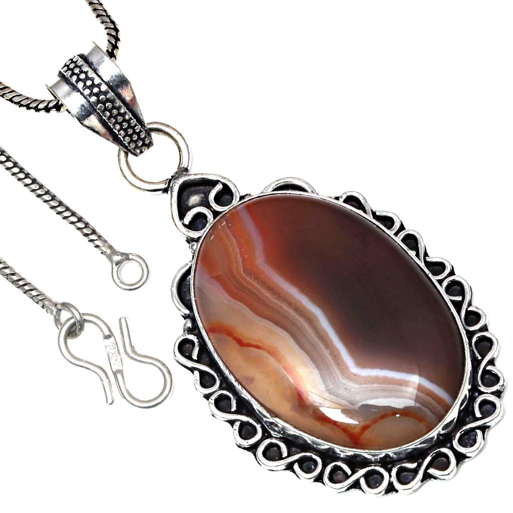 Pendant Banded Agate Gemstone Handicraft Valentine'Day Silver Jewelry 2.25"