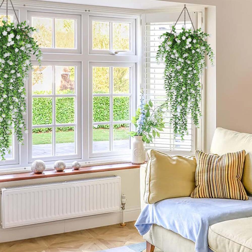 2Pcs Artificial Hanging Flowers,UV-Resistant Fake Hanging Plants Flower Bouquet Hanging Vine Plants Drooping Plants
