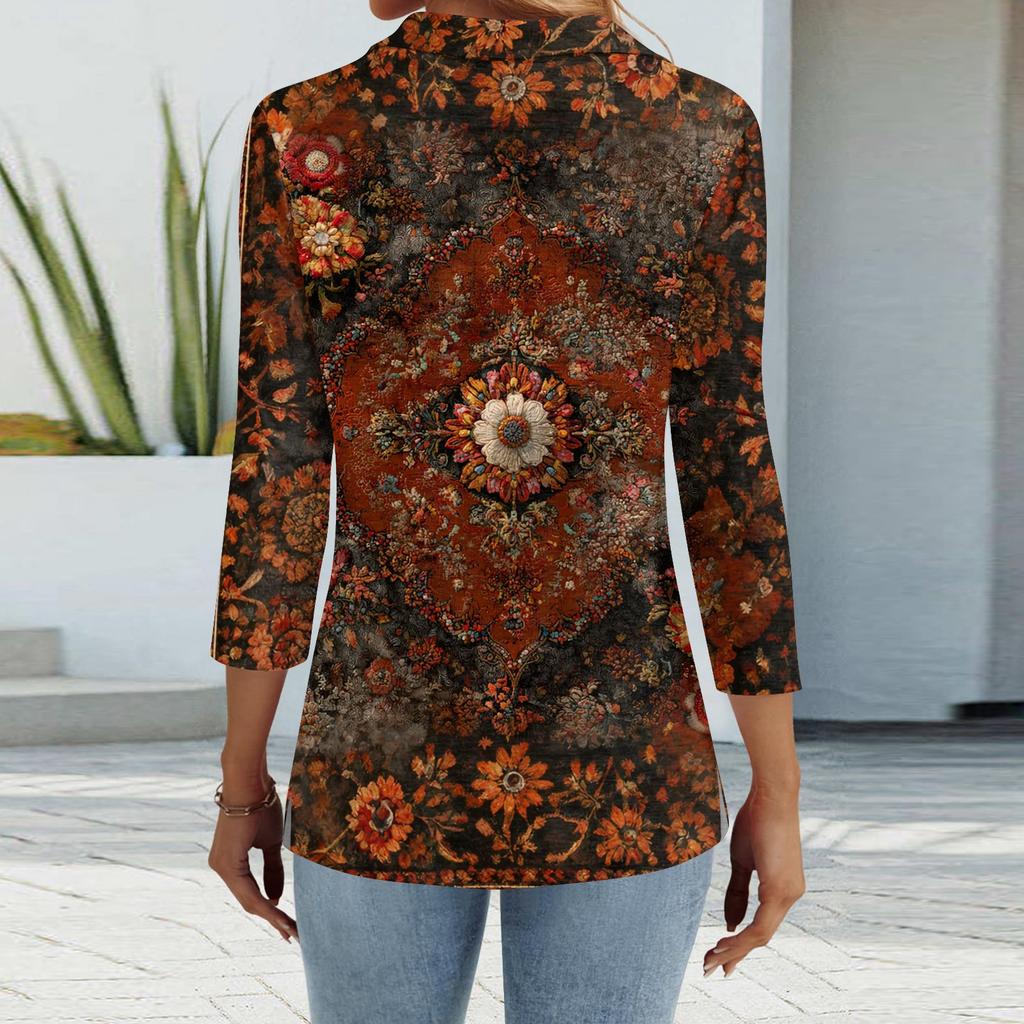 Damenmode Lässig Revers Kurz 3/4 Ärmel Print Hemd Damen Knopfleiste Oberteile