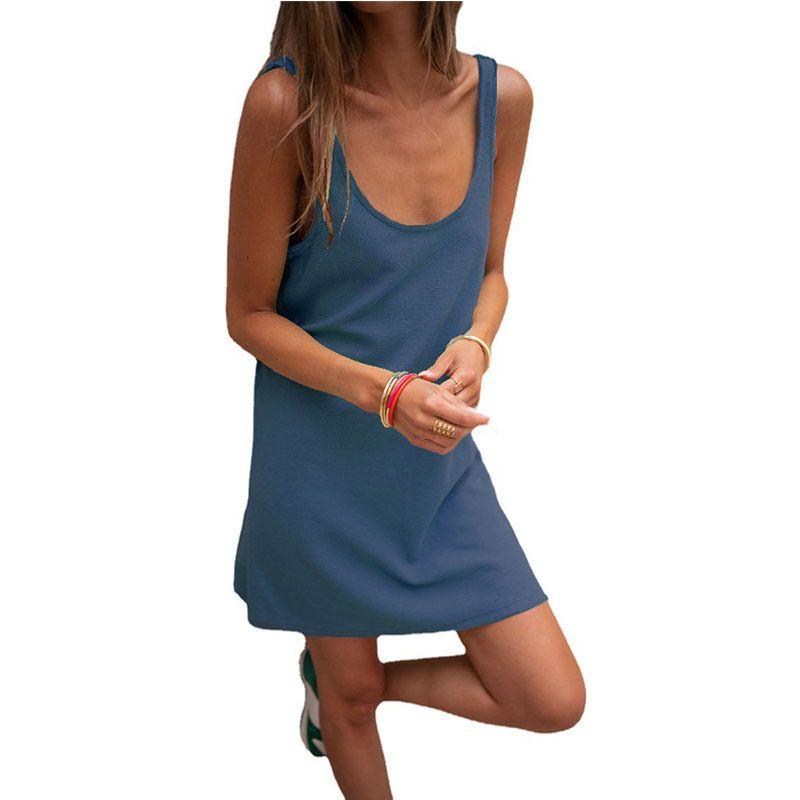 

Solid Color U-neck Sleeveless Dress Women Solid U Neck Sleeveless Loose Dress Dark Blue 3XL