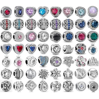 New S925 Silver Heart  Shape Purple Pink Red Blue Green Zircon Charm Round Beads Fit Original  Bracelet DIY Fine Jewelry