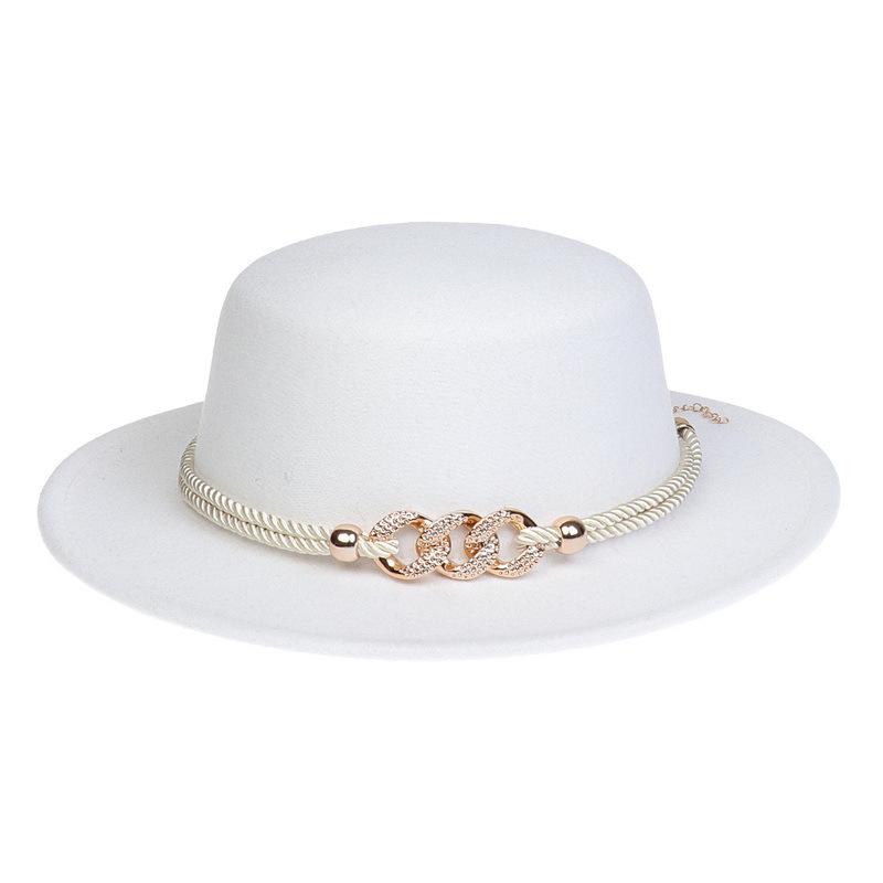 Women's Wool Felt Flat Top Fedora Hat - French Autumn/Winter Retro Style with Chain