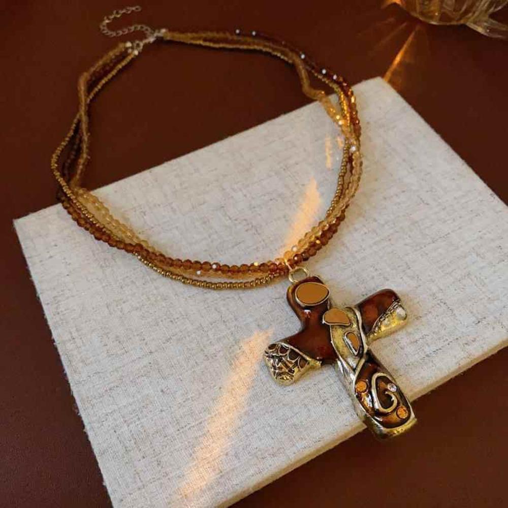 Charm Gothic Cross Necklace Metal Pendant Sweater Necklace Fashion Beaded Chain Necklace  Party