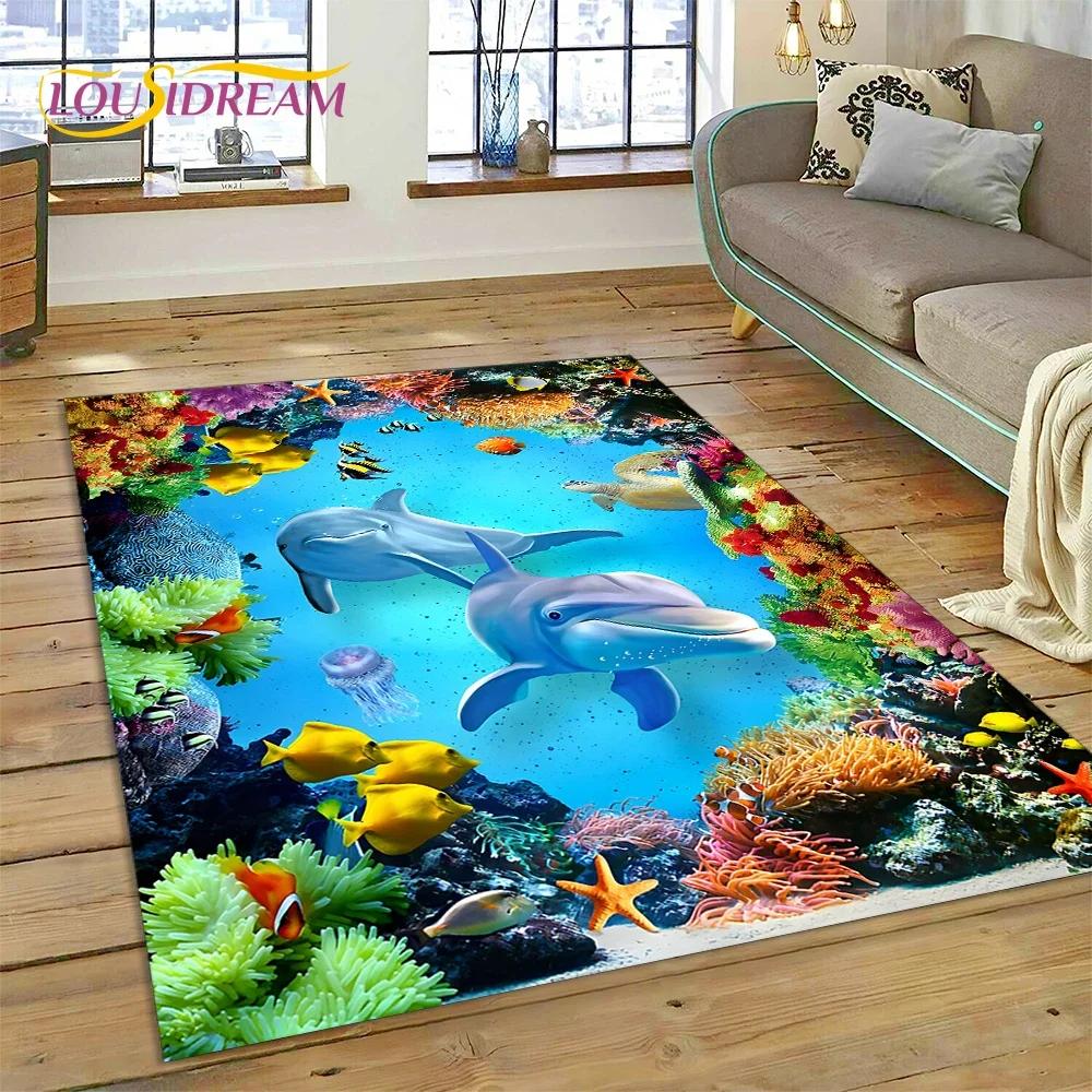 Tappeto Tappeto Decorazione Tappetino per Pavimento Decorazione Cartoon Mondo Sottomarino Illusion 3D Fondo Marino Squalo Delfino per Camera da Letto Soggiorno Divano, Decorazione Bambino