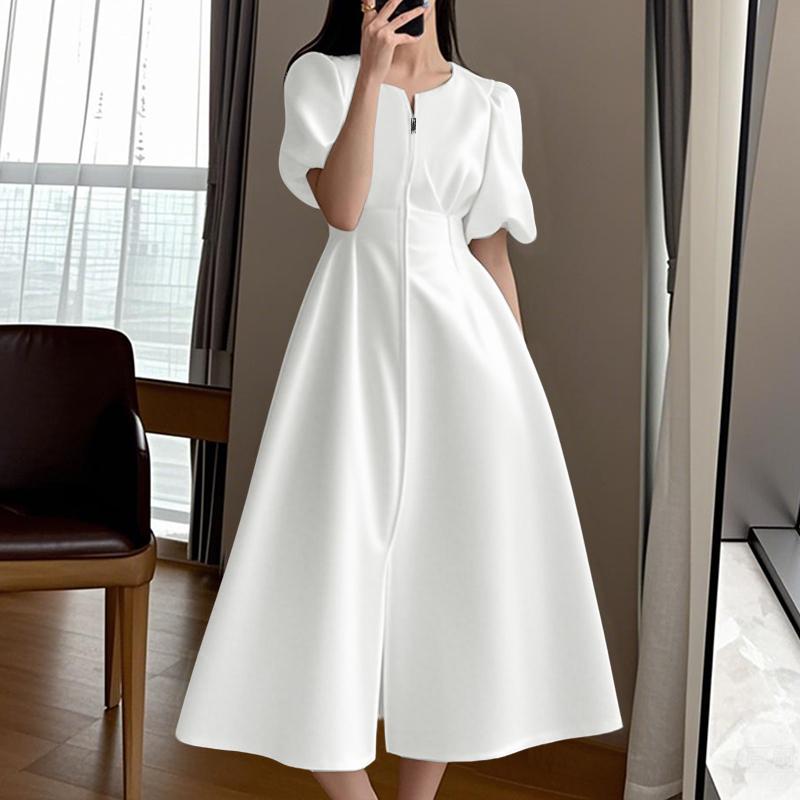 

ZANZEA Женское Повседневное Платье с Круглым Вырезом и Молнией Летнее Короткое Рукавом Длинное Платье S белый