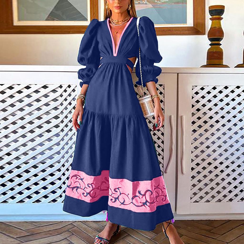 Women's Fashion Sexy Long Print V-Neck Long Sleeves Puff Sleeve Dress