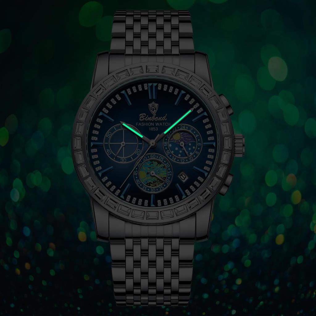 Analog Quartz Watch with Triple Calendar Night Sky Stainless Artistic Gold Suitable for Business and Students Silver Men's Lens, Multifunction