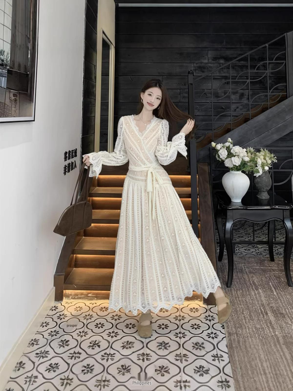Spring 2026 Plus-Size French Retro Lace Waist-Cinching Tie-Up A-Line Long Sleeve Dress for Women M