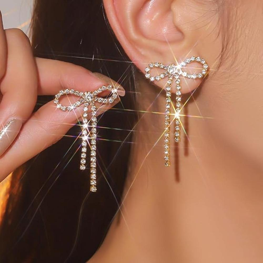 Sparkly Rhinestone Bow Earrings Personalized Bowknot Ear Stud Creative Gift Long Dangle Earrings