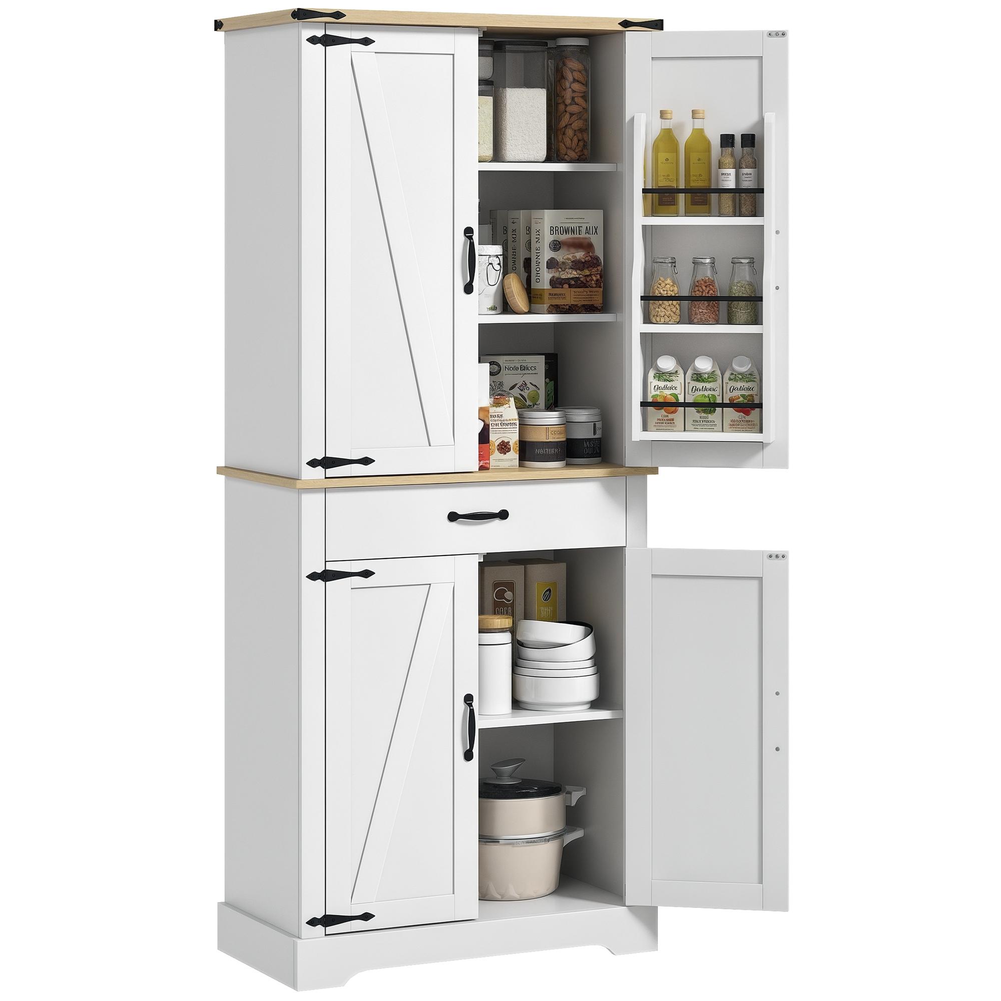 Konyhaszekrény Konyhai oldalszekrény, 4 ajtós, 6 ajtós polcokkal, 1 fiókkal és állítható polcokkal 76,5 x 40 x 181 cm Fehér 76.5 x 40 x 181 cm