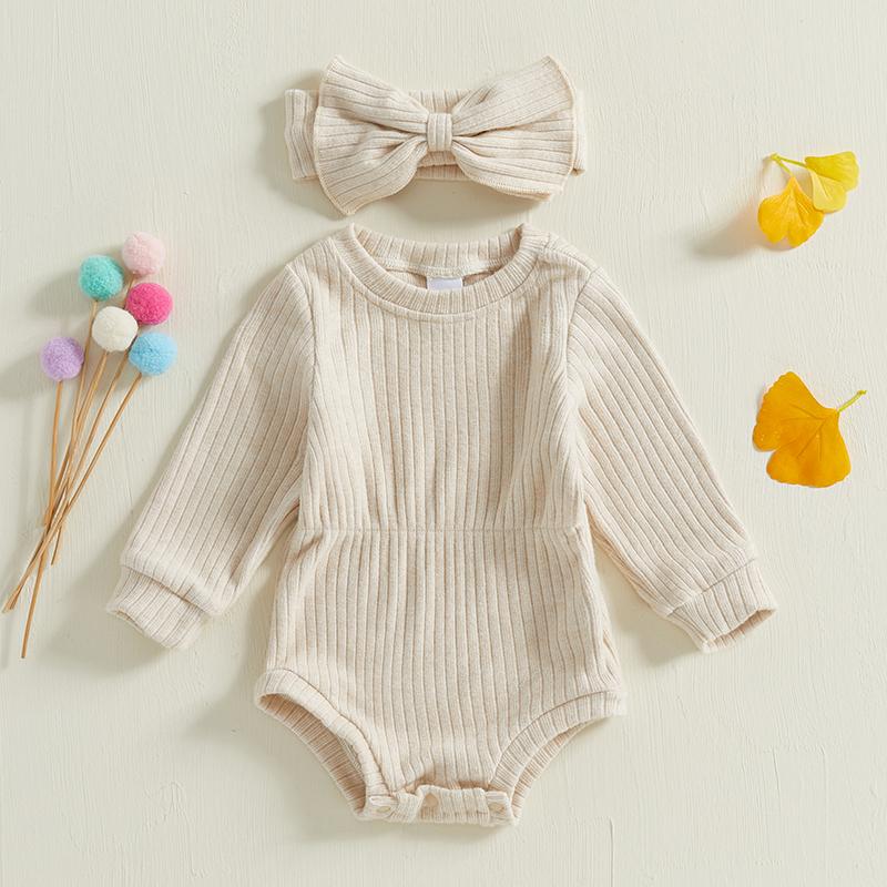 Citgeett Autumn Infant Baby Girls Bodysuit Solid Color Knit Long Sleeve Jumpsuits Fall Winter Clothes Headband