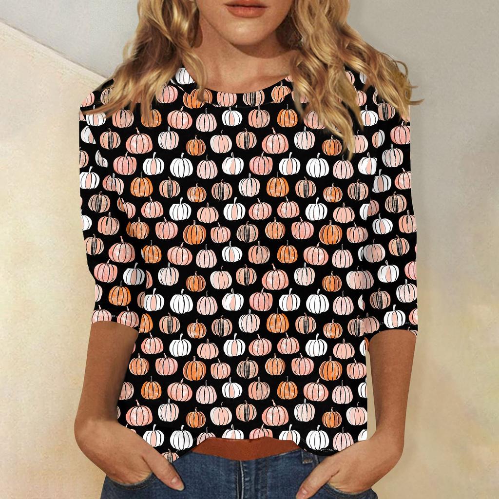 Women's Fashion Casual Round Neck 3/4 Sleeve Loose  Printed T-Shirt Ladies Top