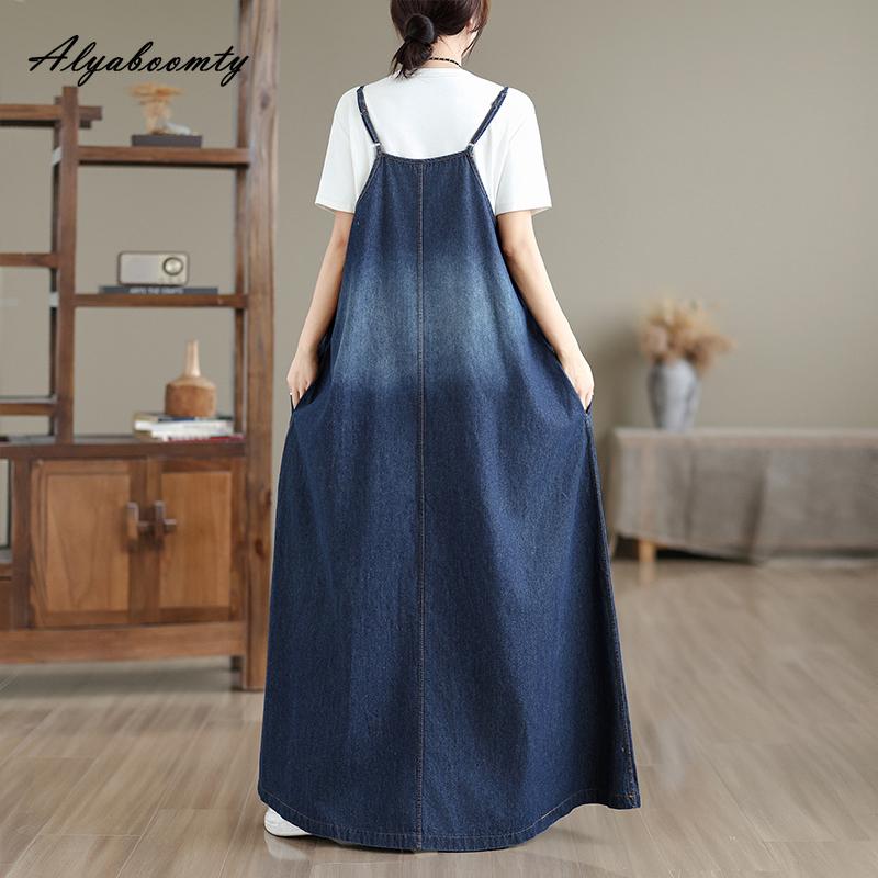Spring Summer Women Streetwear Plus Size Sundress Spaghetti Strap Blue Denim Sleeveless Dress Vintage Washed Cotton Oversized Dress