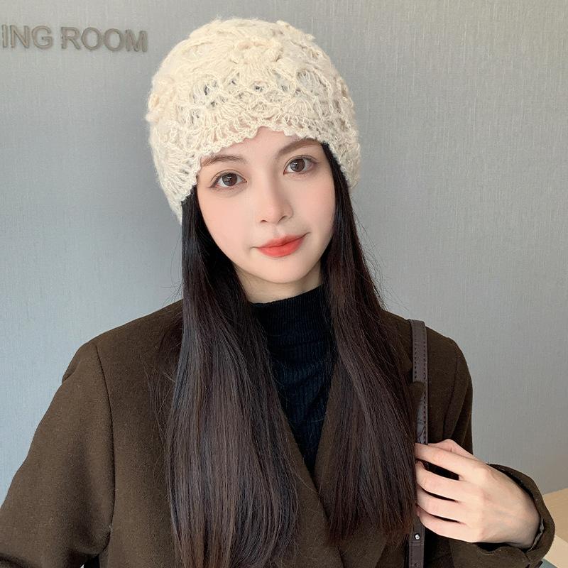 New Winter Crochet Hats for Women Beanie Caps Flowers Handmade Knitted Hat Female Lace Hat Chapeu Feminino Gorras