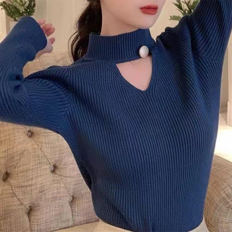 Dutý svetr s kulatým výstřihem Pletený módní přiléhavý top pro ženy