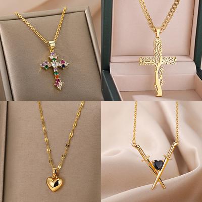 Crossed Swords & Onyx Heart Necklaces For Women Stainless Steel Crossed Swords Necklace Wedding Aesthetic Jewelry Gift