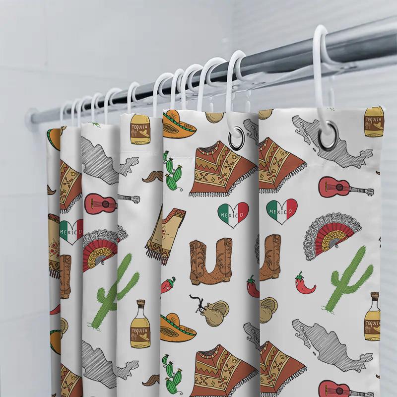 Mexican-Themed Shower Curtain Featuring Mariachi Guitars, Cacti Spanish Textiles Waterproof Fabric Perfect For Bathroom Decor!