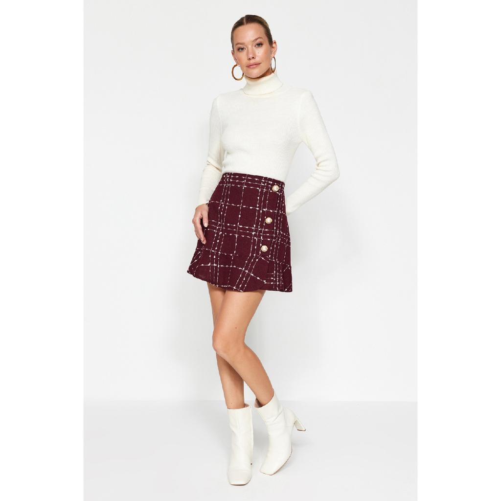 Burgundy Buttoned Tweed Fabric Mini Woven Skirt With Flounce Hem Twoaw22et0155